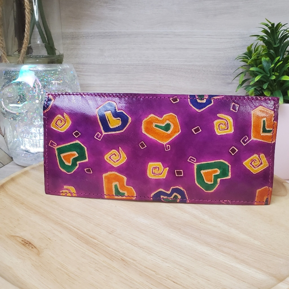 Vintage Painted Leather Long Wallet Card Holder Hearts Purple